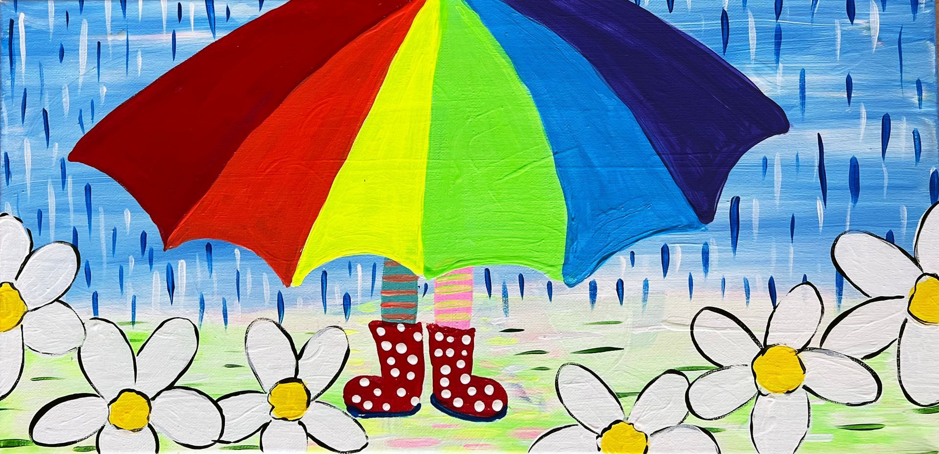 A painting of a rainbow umbrella and rain boots in the rain.