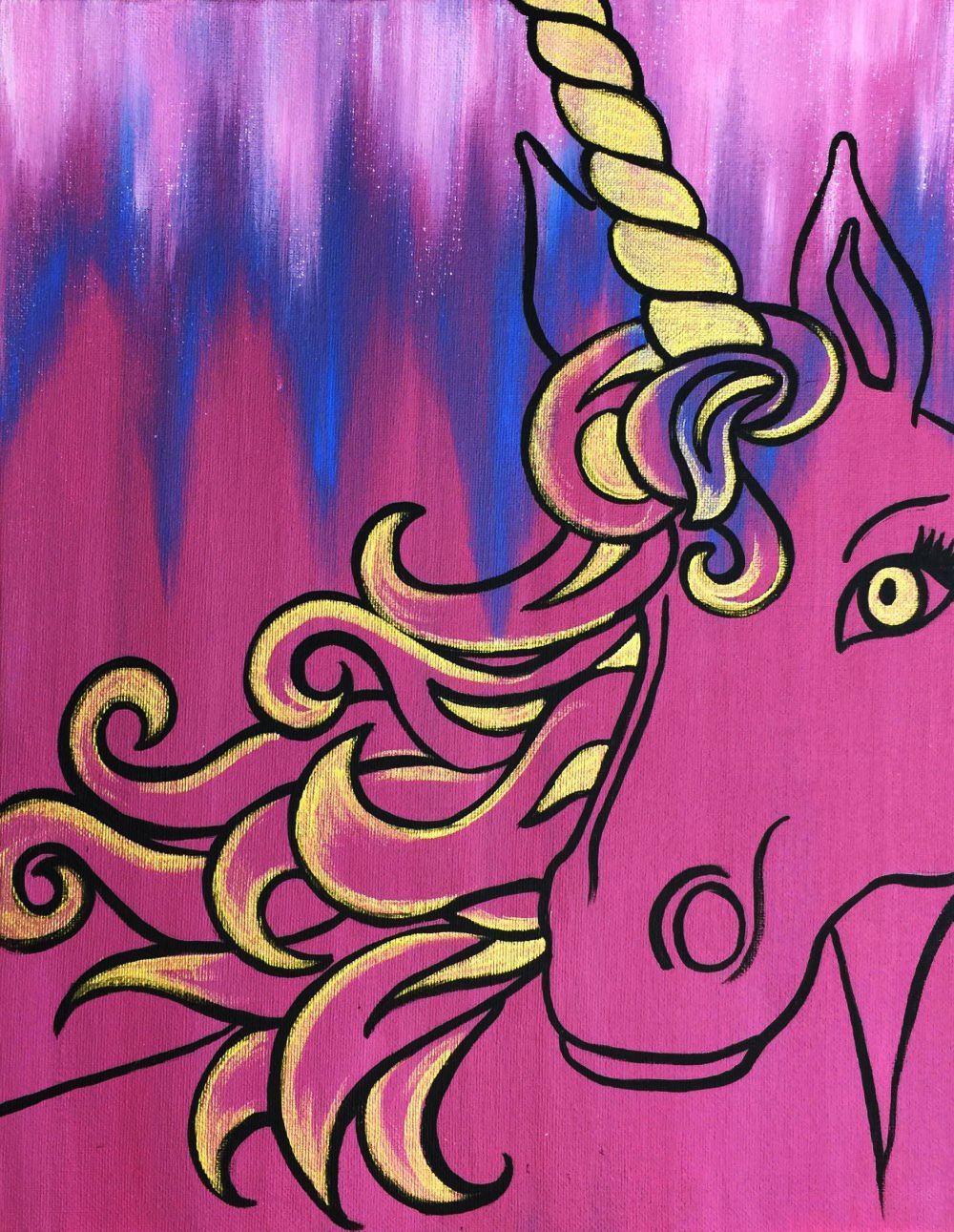 A painting of a pink unicorn with a yellow horn