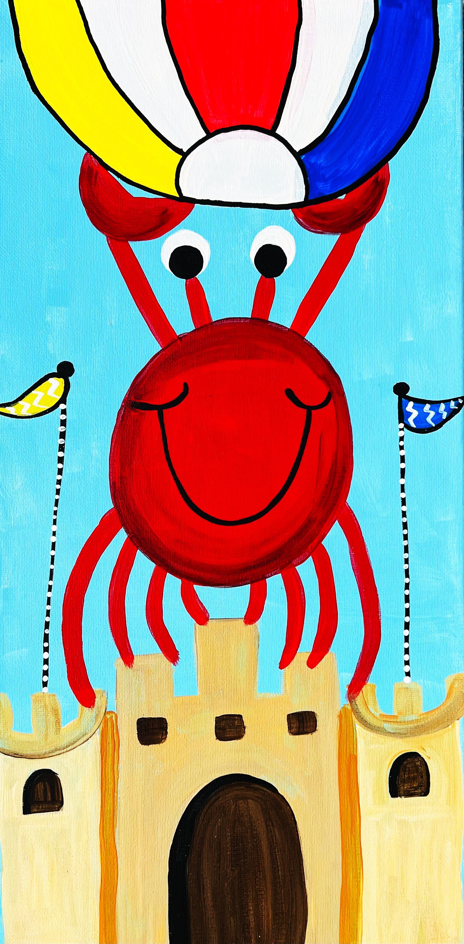A painting of a crab holding a beach ball on top of a sand castle.