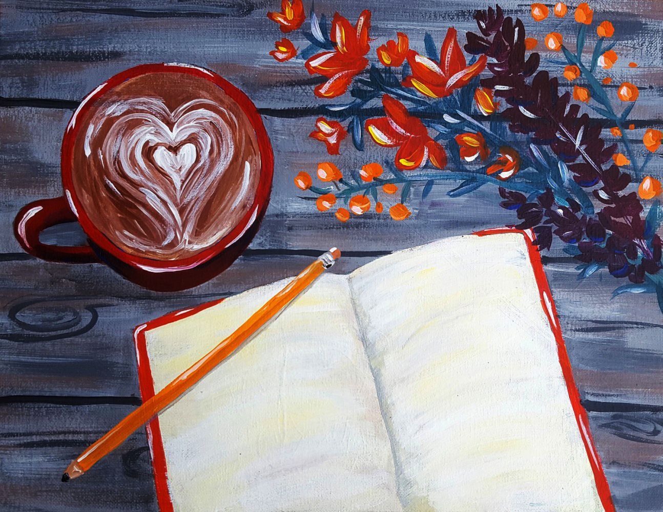 A painting of a cup of coffee next to an open notebook and a pencil