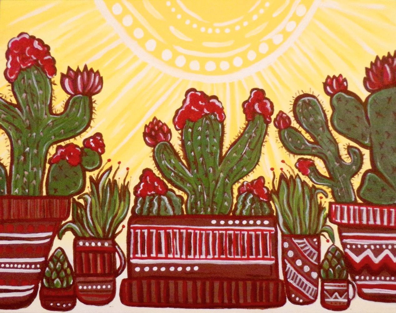 A painting of cactus in pots with the sun in the background