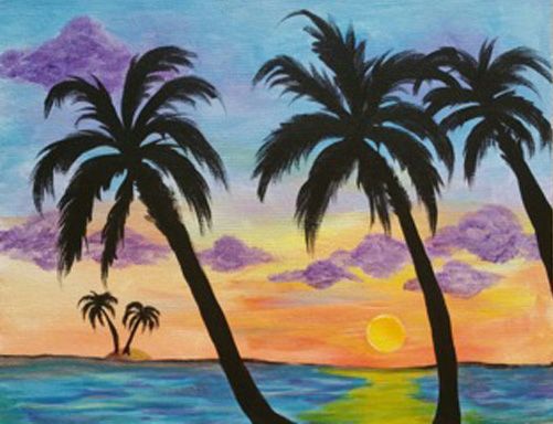 A painting of a sunset with palm trees in the foreground