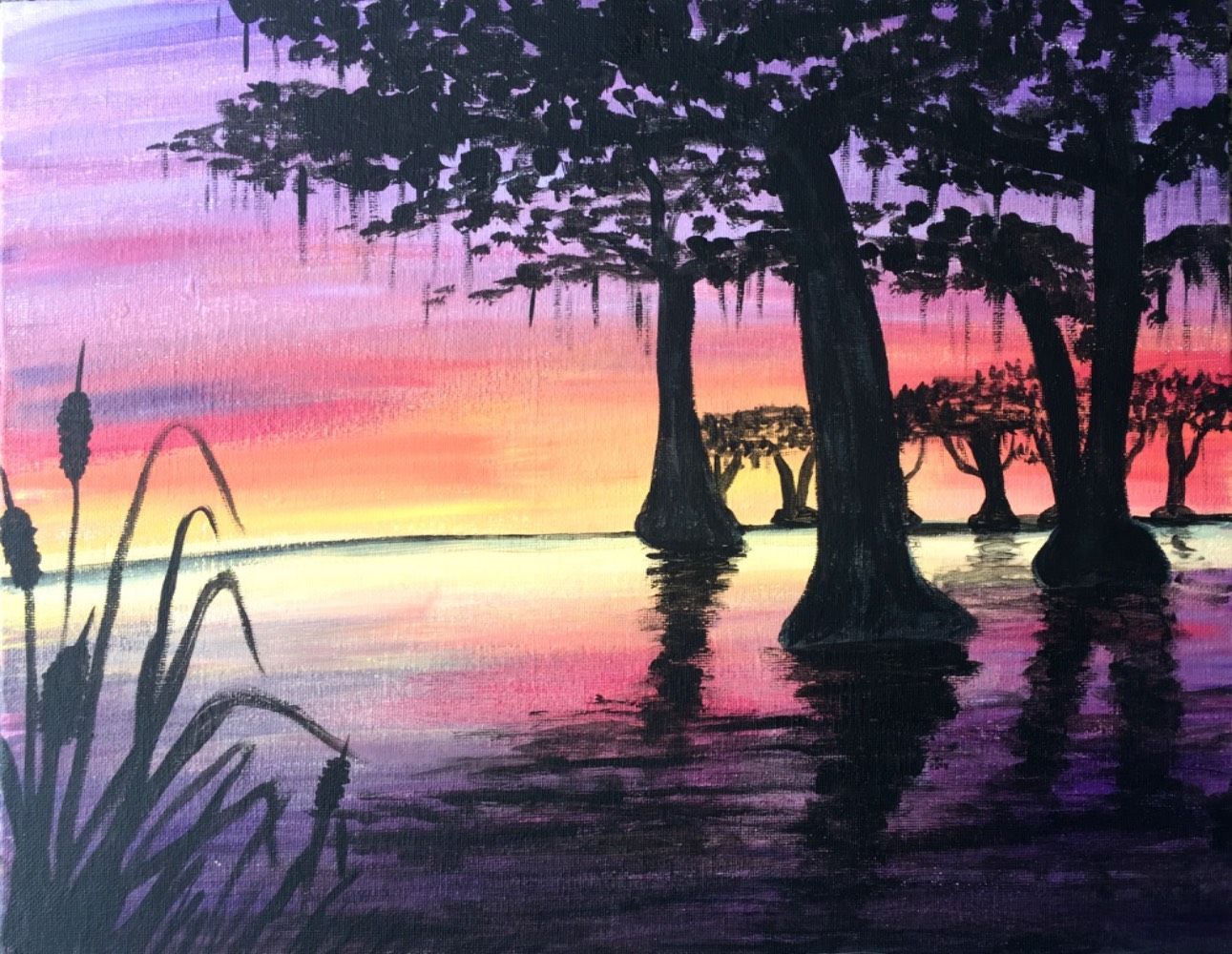 A painting of trees in a swamp at sunset