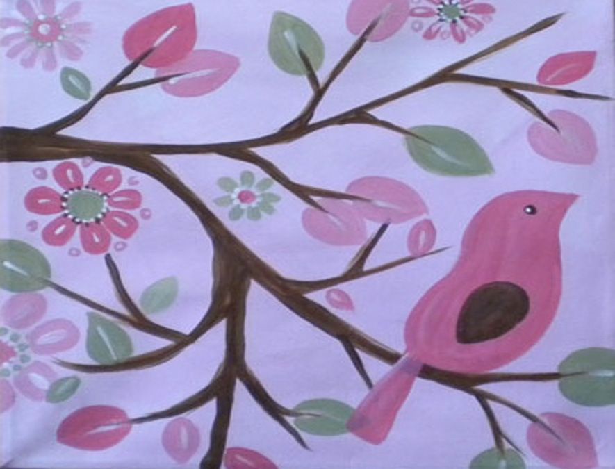 A painting of a pink bird sitting on a tree branch