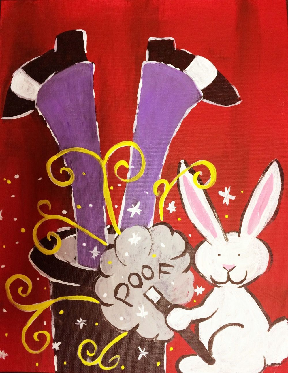 A painting of a rabbit and a hat that says poof