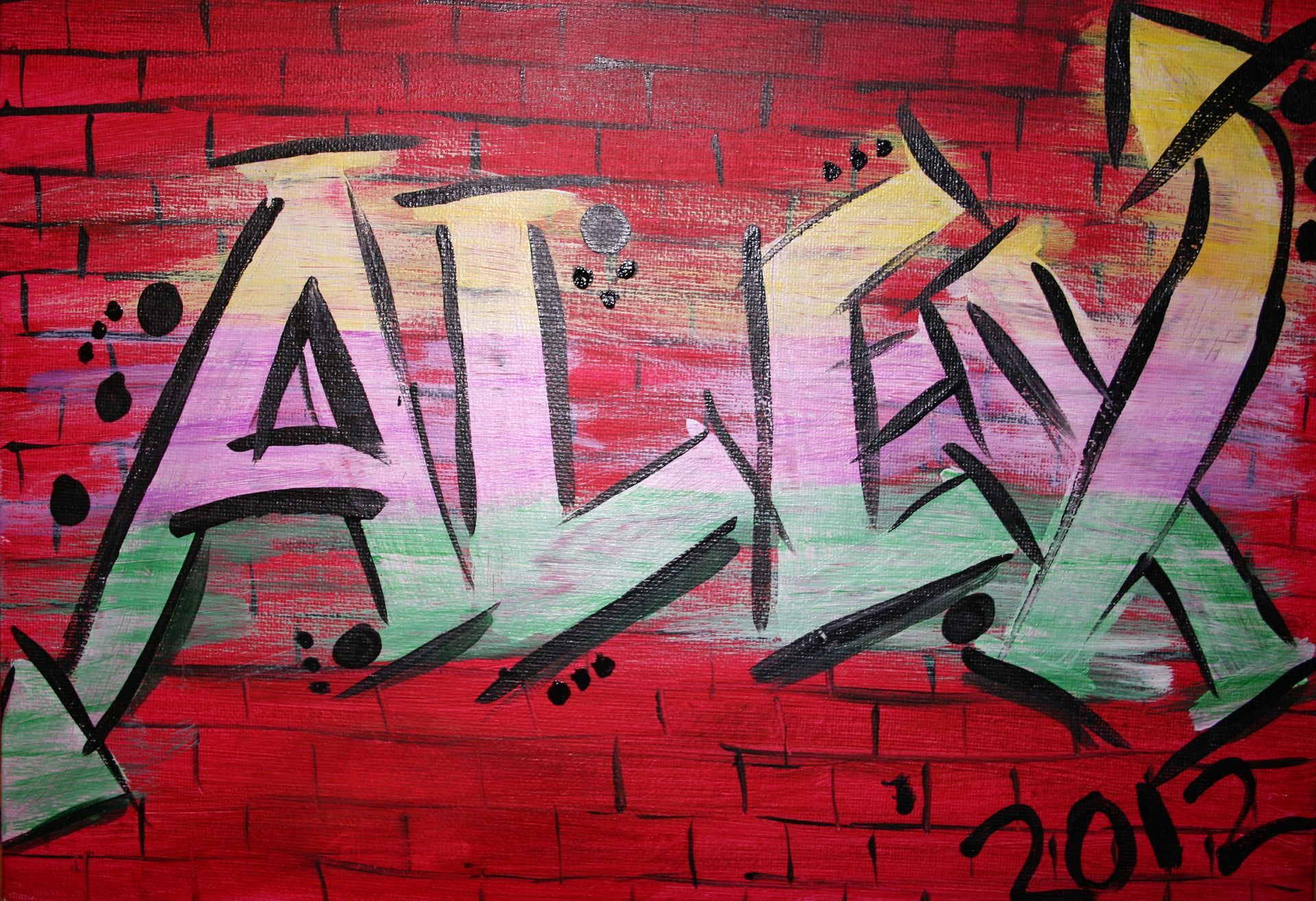 The word alex is painted on a red brick wall