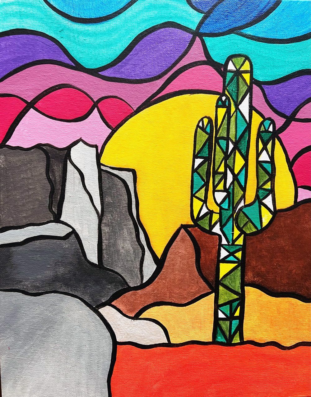 A colorful painting of a cactus in the desert