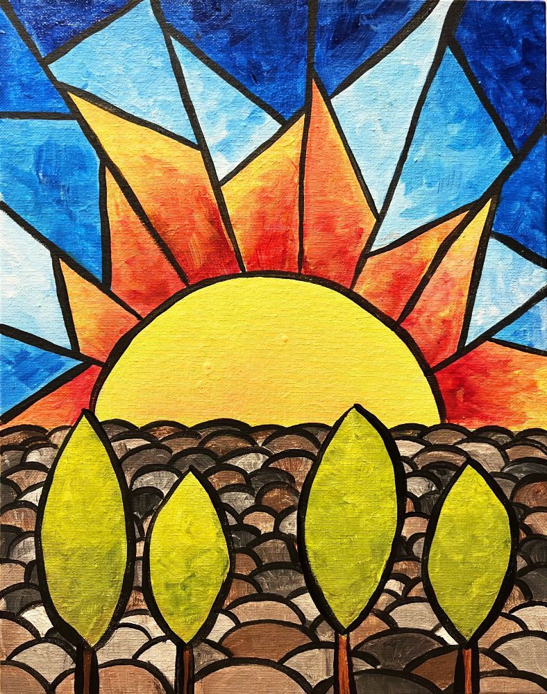 A stained glass painting of a sunset with trees in the foreground.