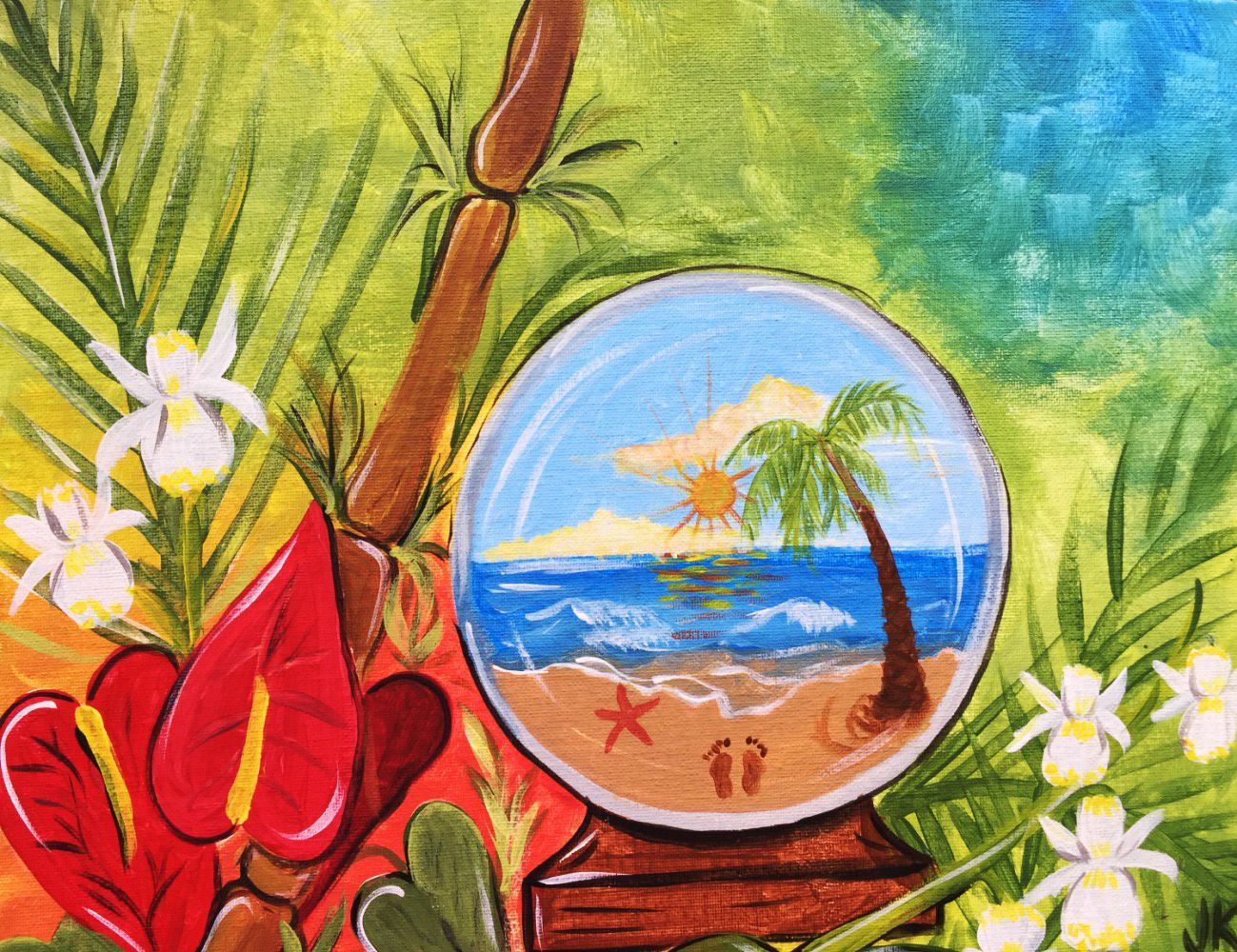 A painting of a snow globe with a beach scene inside of it