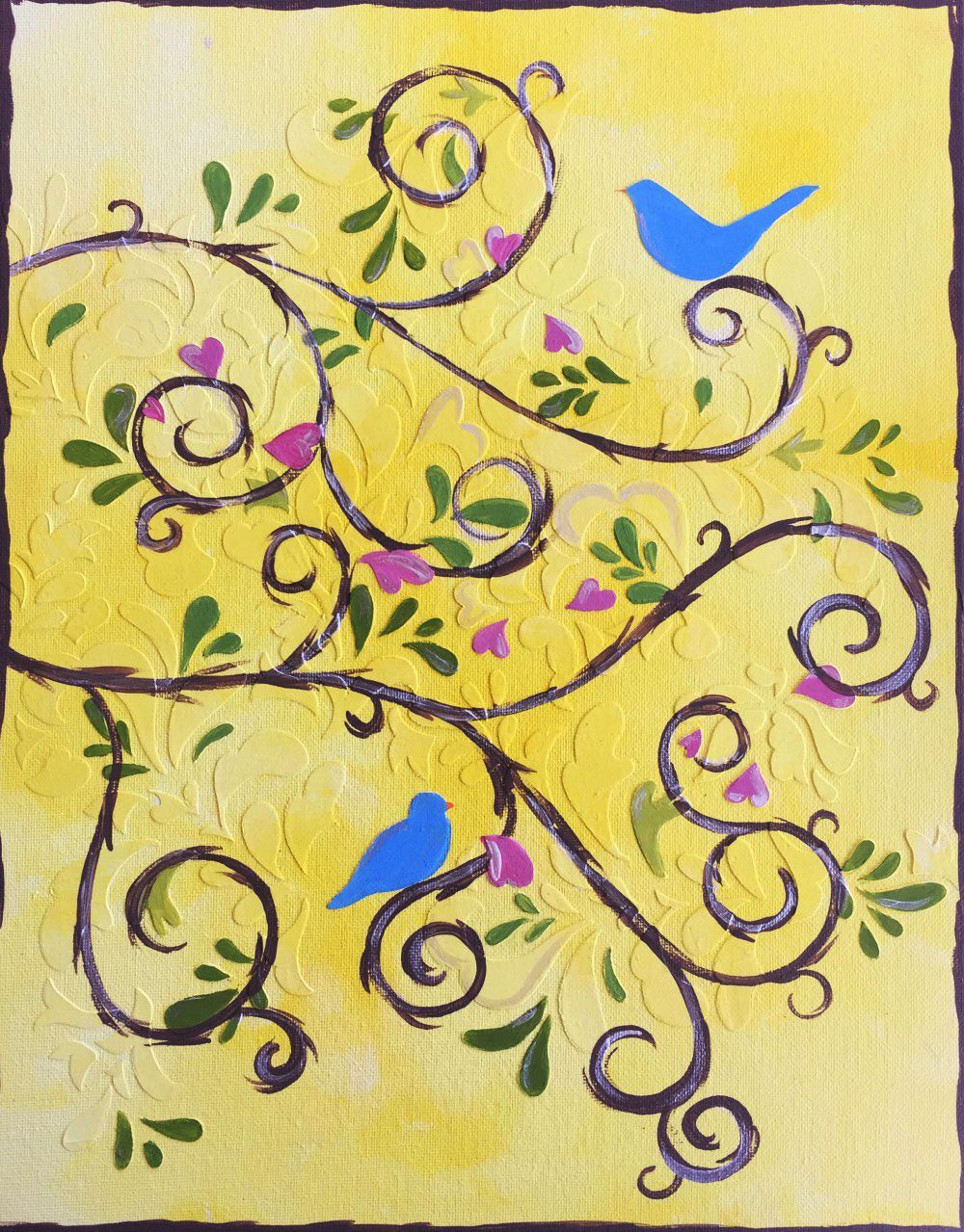 A painting of a tree with birds and swirls on a yellow background