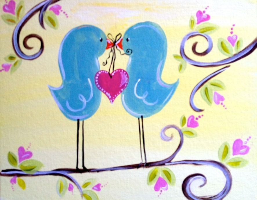 A painting of two birds kissing on a tree branch