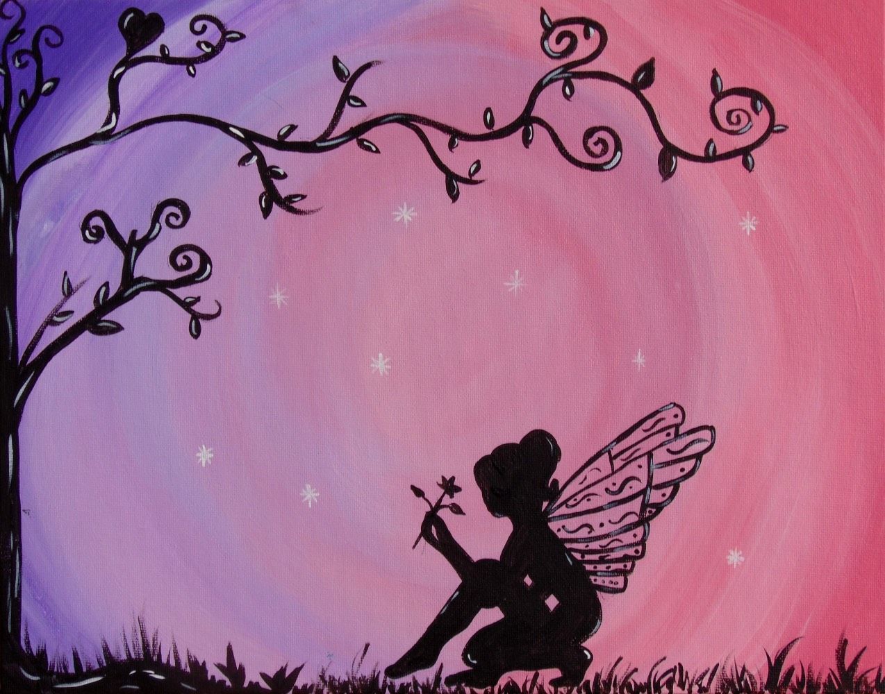 A painting of a fairy sitting under a tree