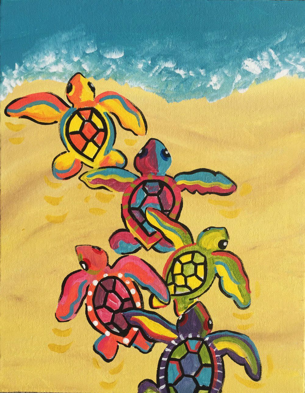 A colorful painting of sea turtles on a beach