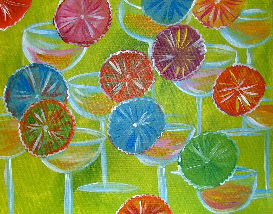A painting of wine glasses with slices of fruit on them