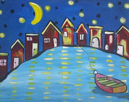 A painting of a river with houses and a boat