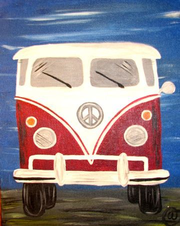 A painting of a red and white van with a peace sign on the front