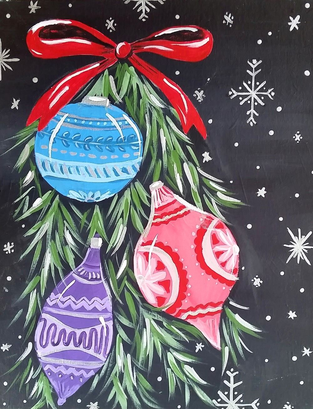 A painting of christmas ornaments hanging from a tree branch