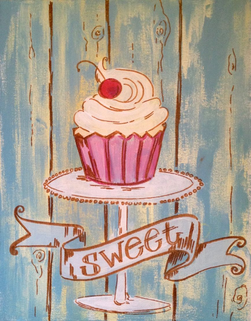A painting of a cupcake with a banner that says sweet