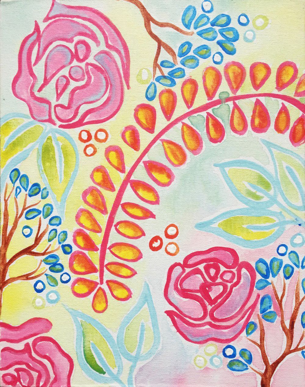 A painting of flowers and leaves on a yellow background