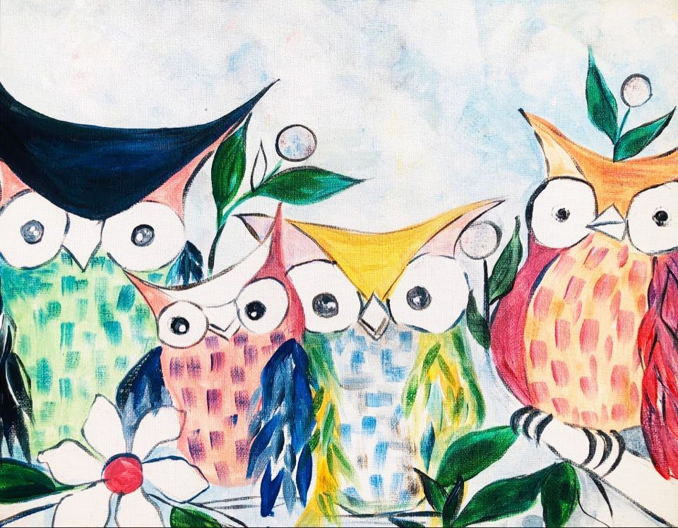 A painting of three colorful owls with big eyes