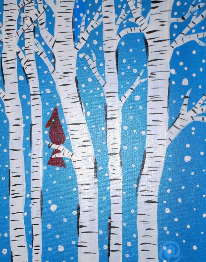 Cardinal on snowy birches