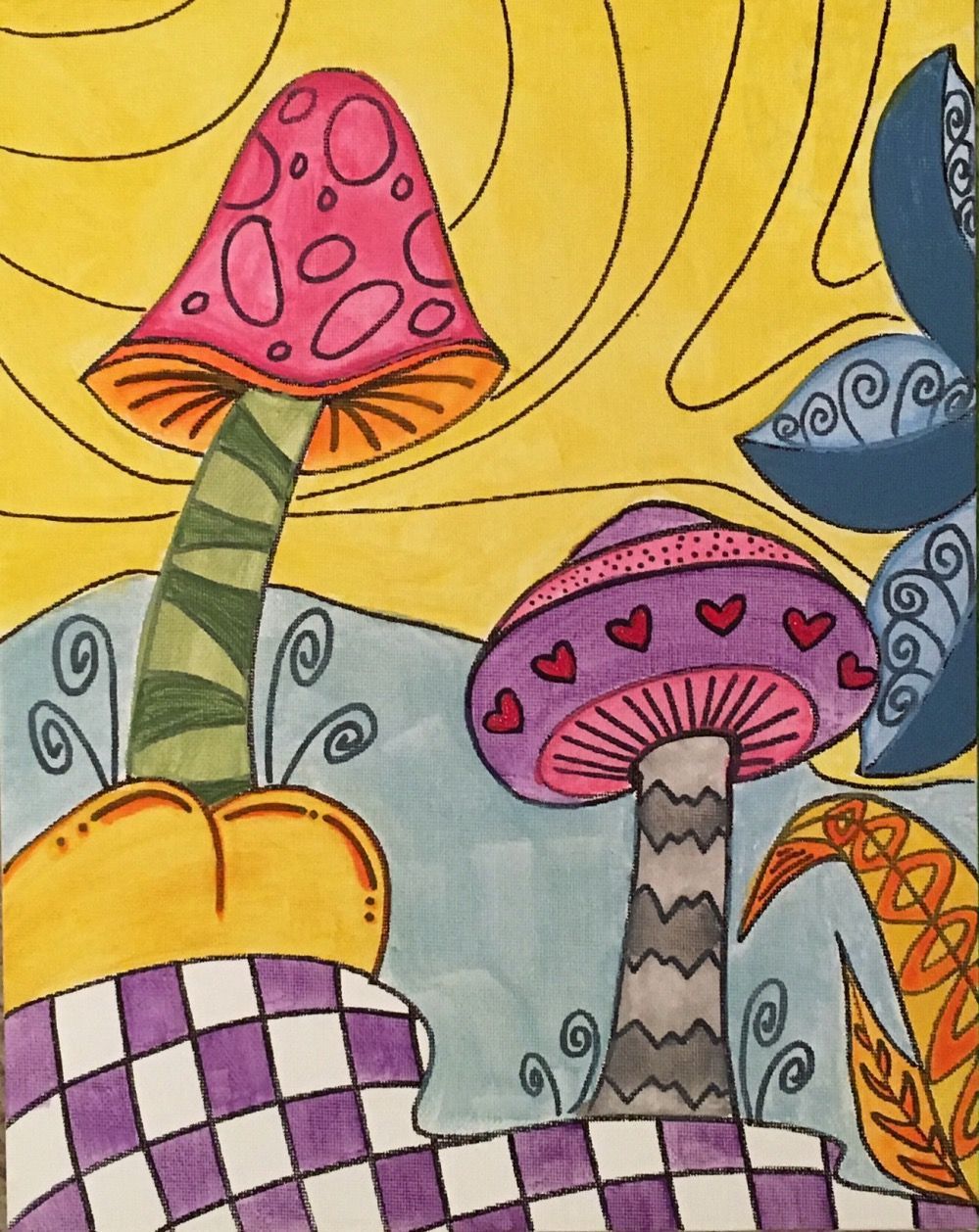 A drawing of mushrooms with hearts on them