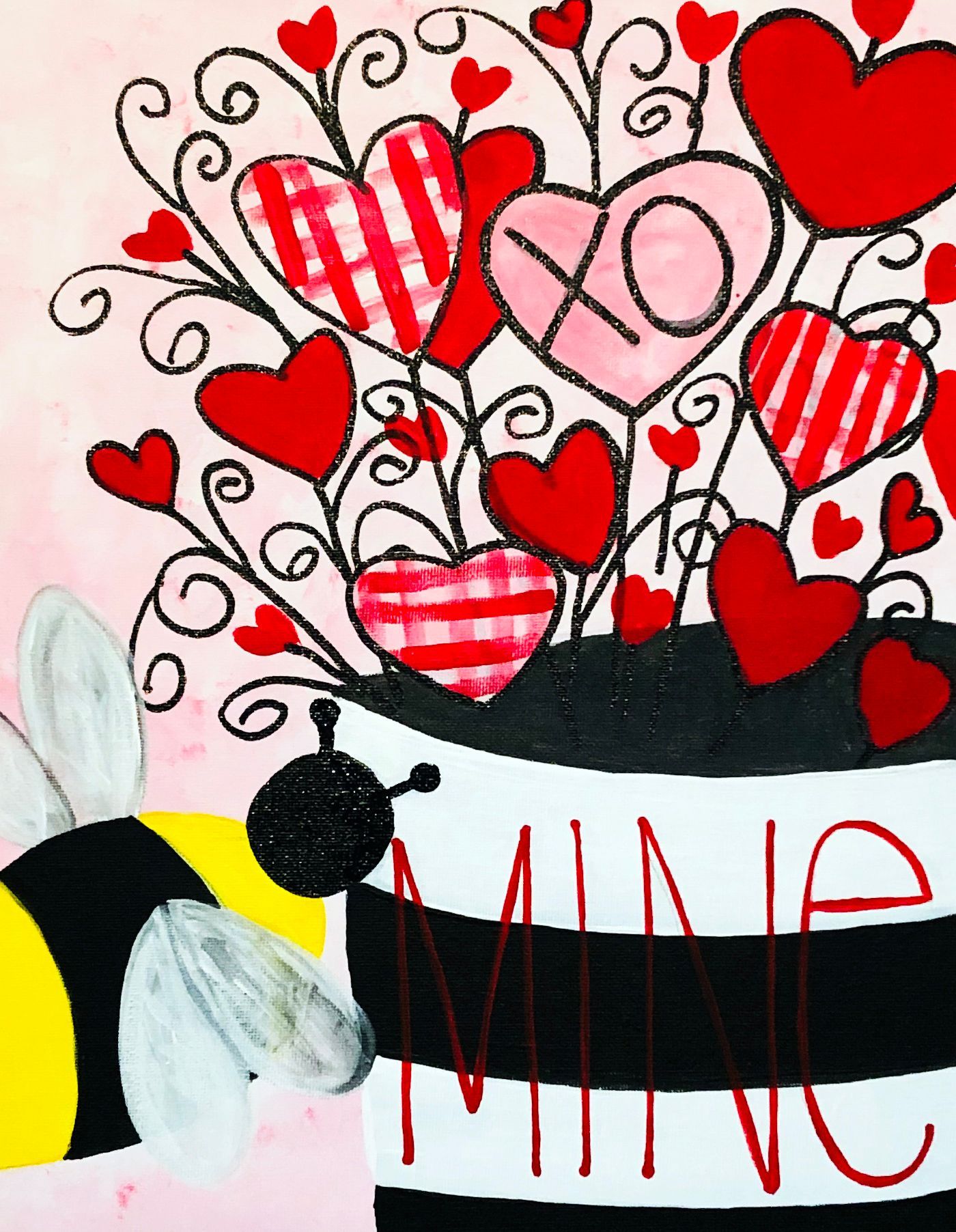 A painting of a bee with hearts and the word mine