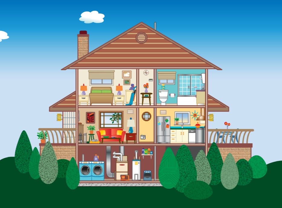 an illustration of a house cut in half showing the different rooms