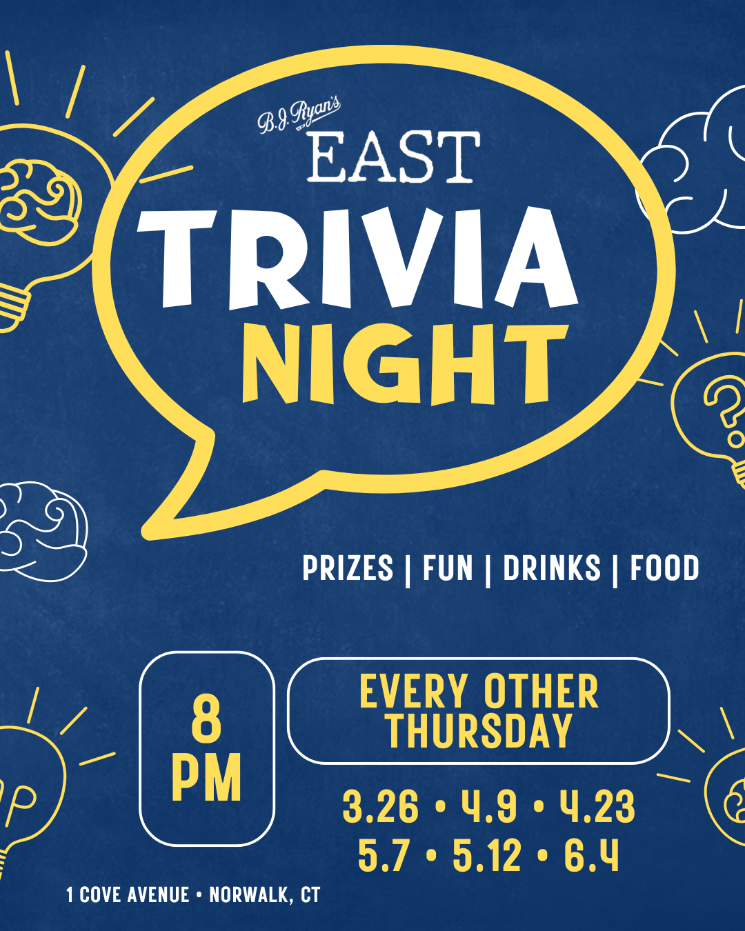 A flyer for O’Neill’s East Trivia Night at 8 PM every other Thursday, with dates listed and location in Norwalk, CT.