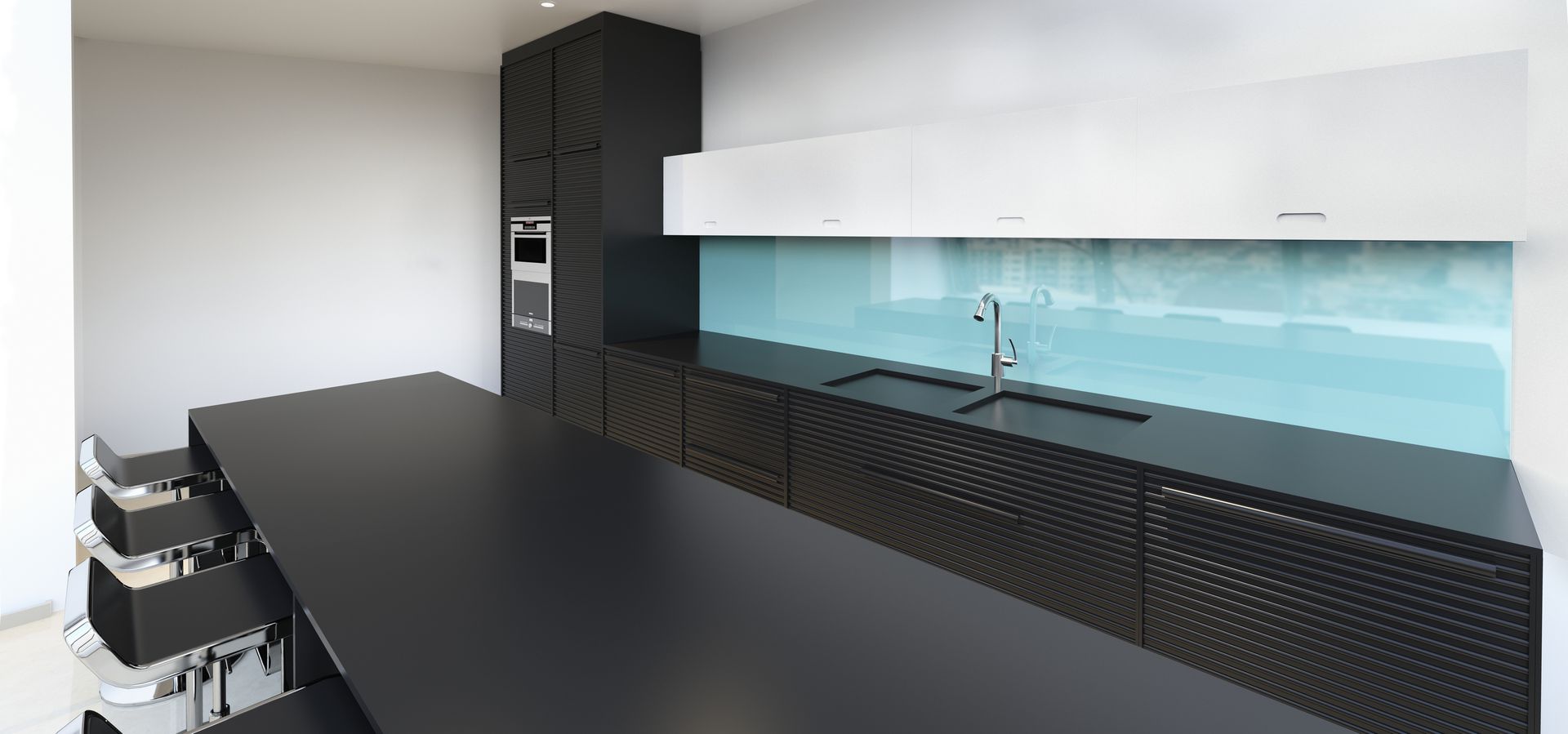 Modern kitchen with a sleek glass splashback.