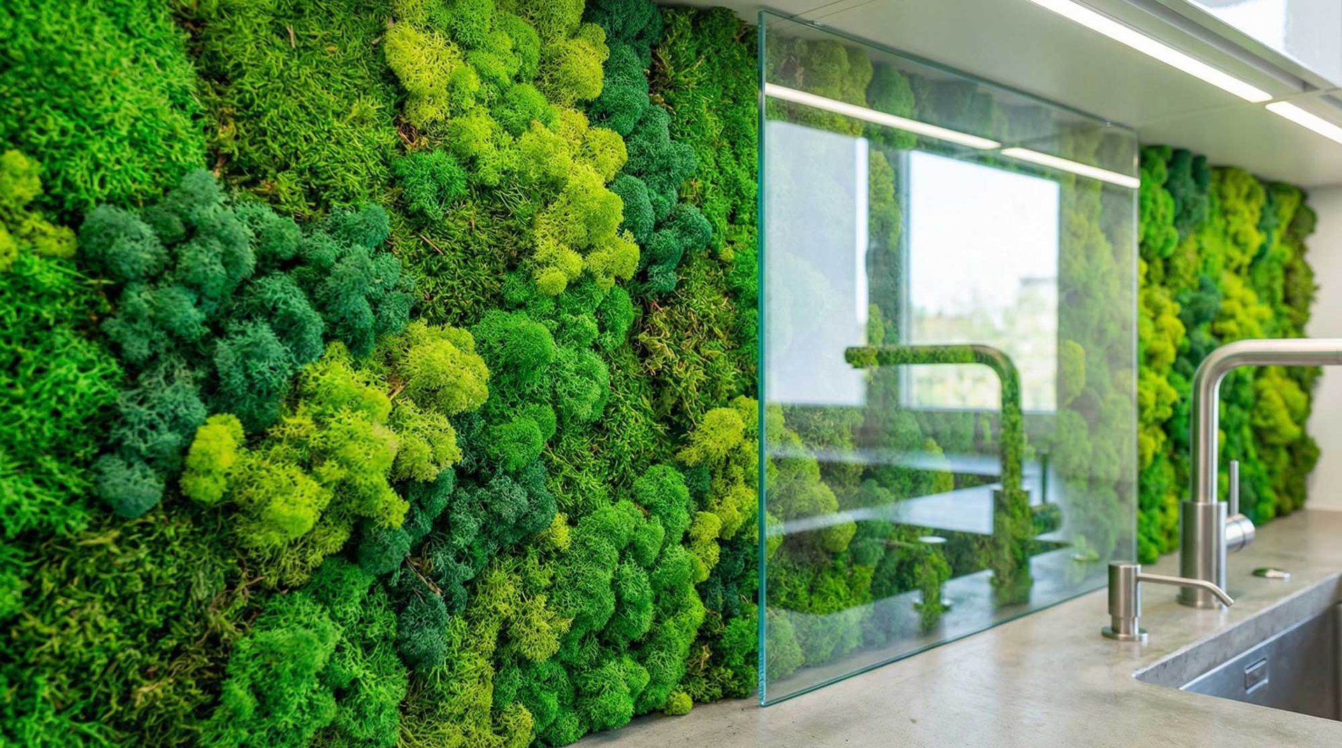 Modern luxury kitchen interior featuring vibrant living green moss wall protected by clear glass splashback behind stainless steel sink