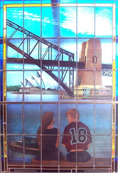 glass panels with image of bridge