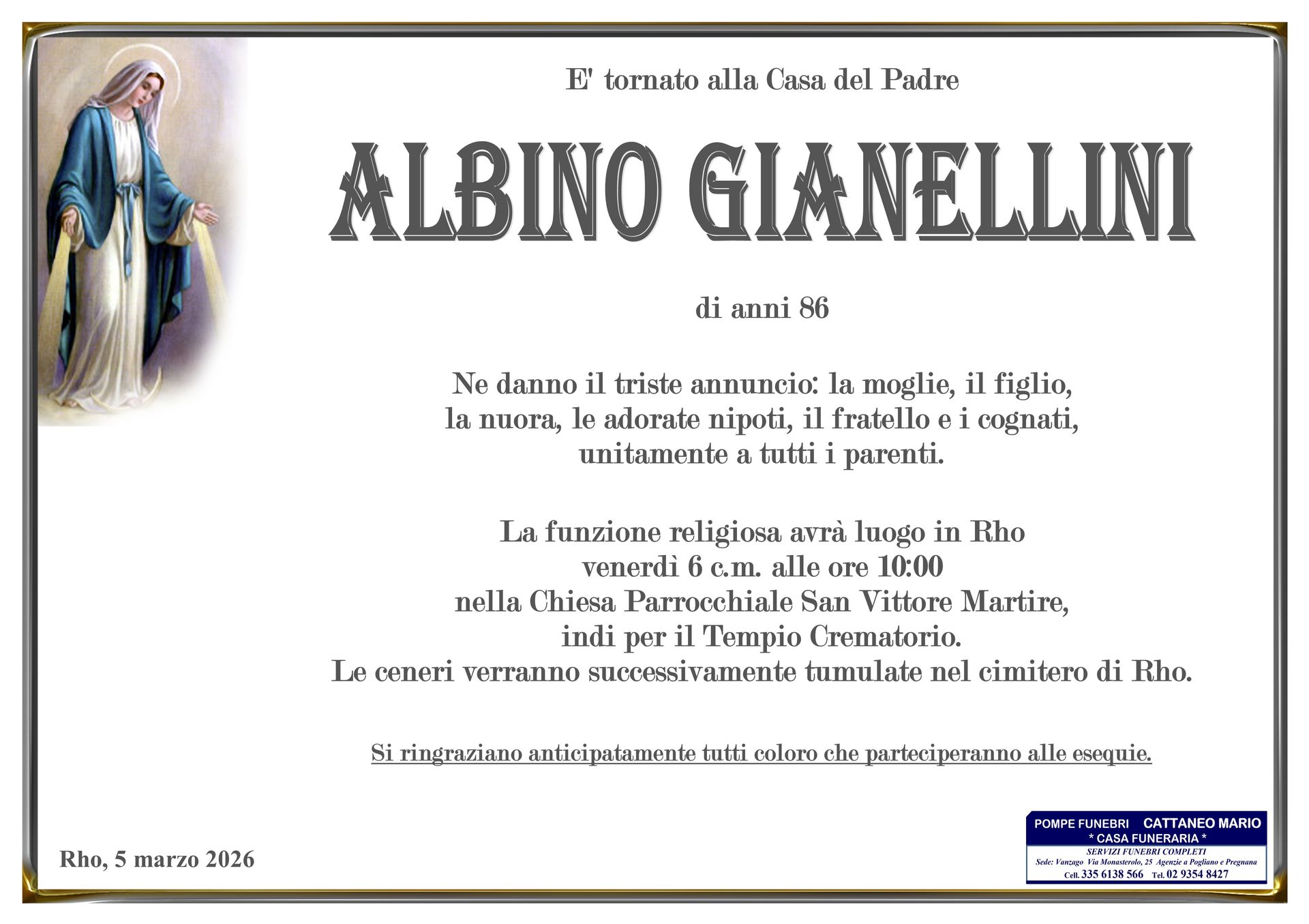 necrologio Albino Gianellini