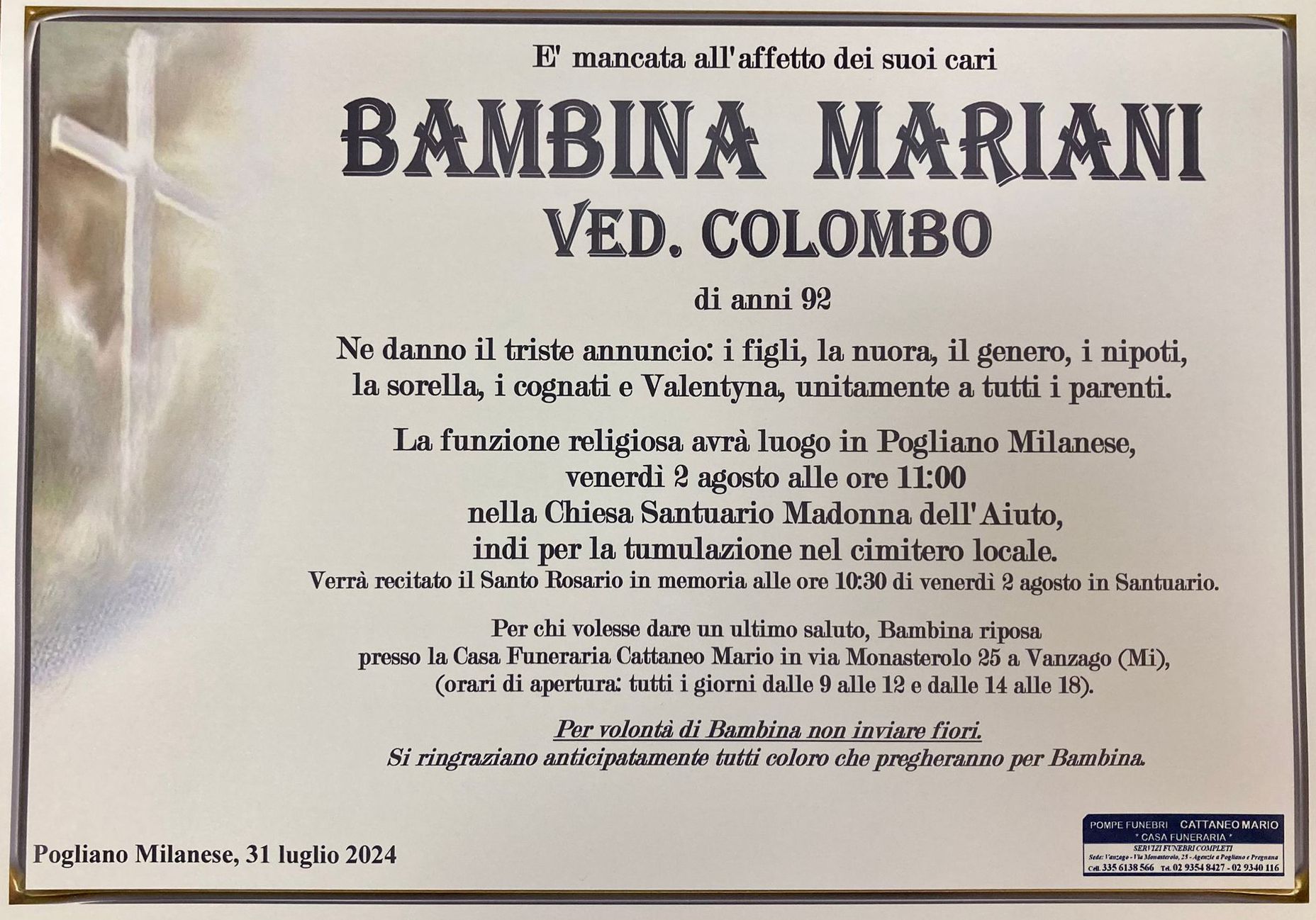 necrologio Bambina Mariani