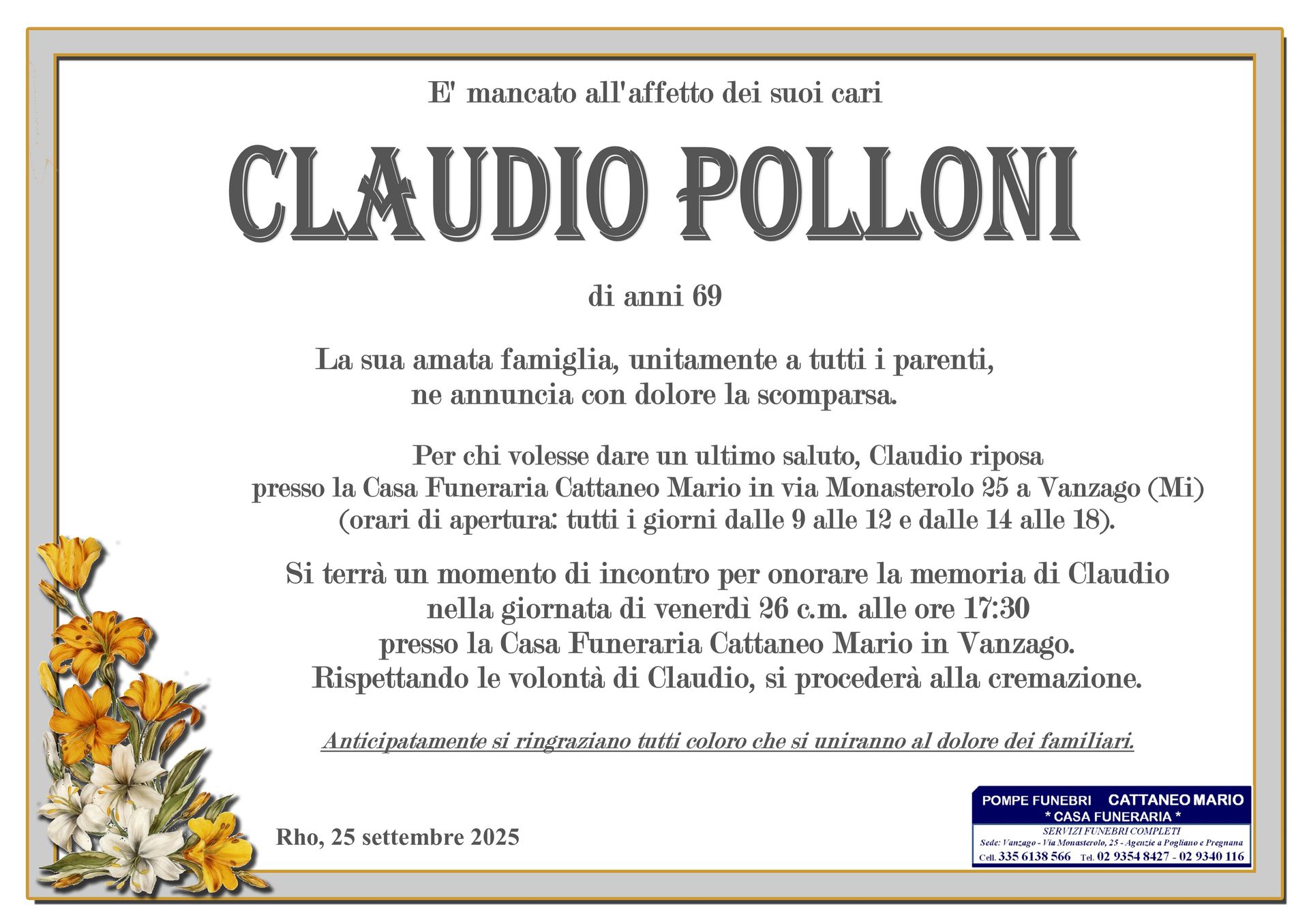 necrologio Claudio Polloni