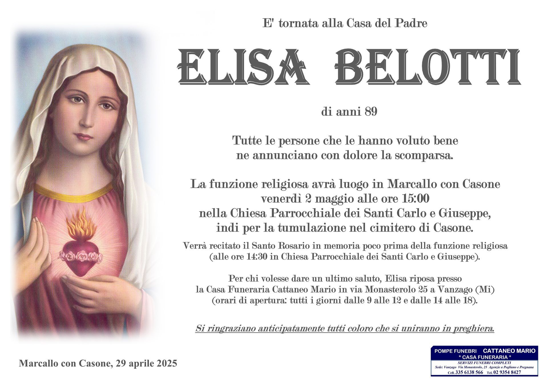 necrologio Elisa Belotti