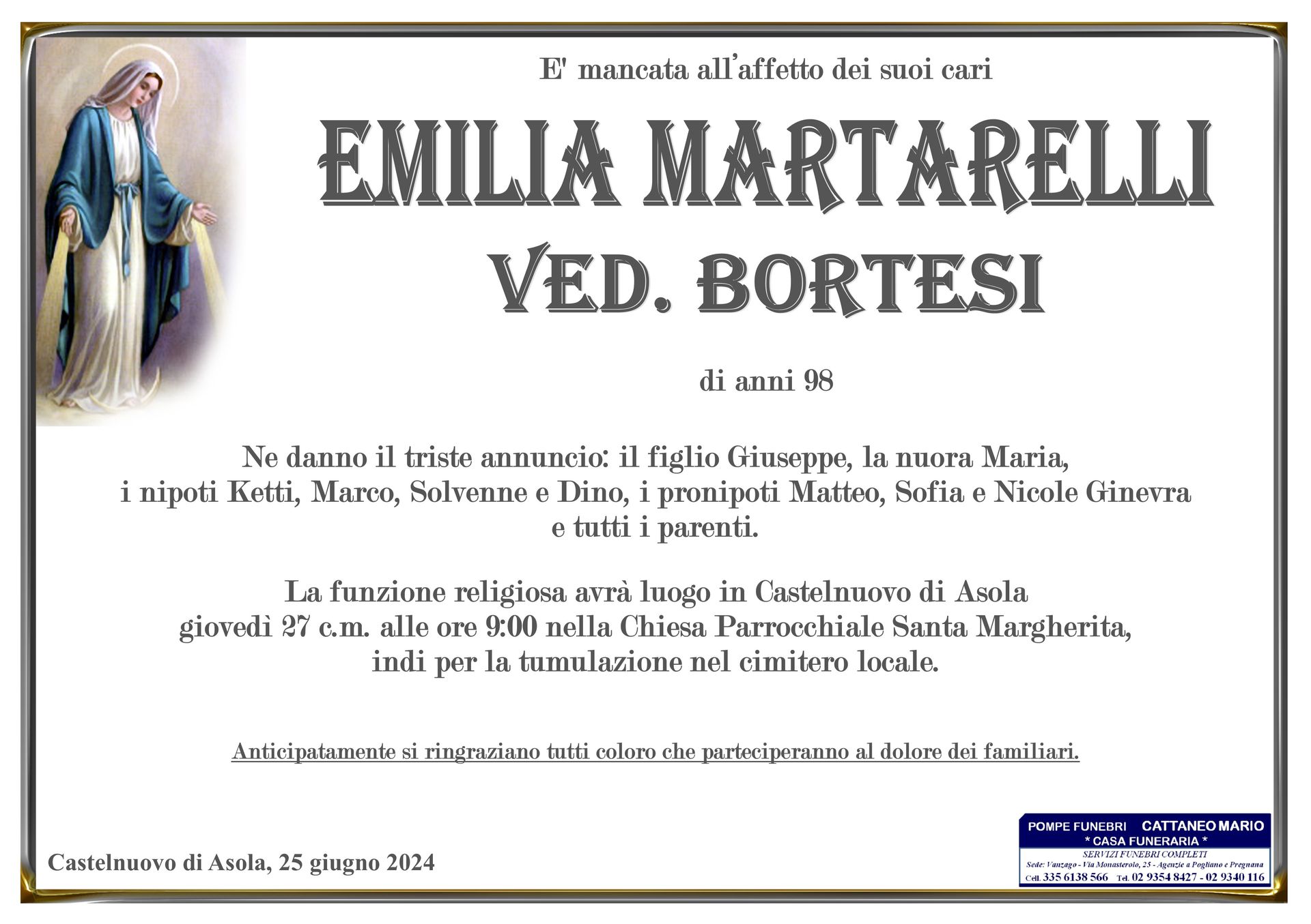 necrologio Emilia Martarelli