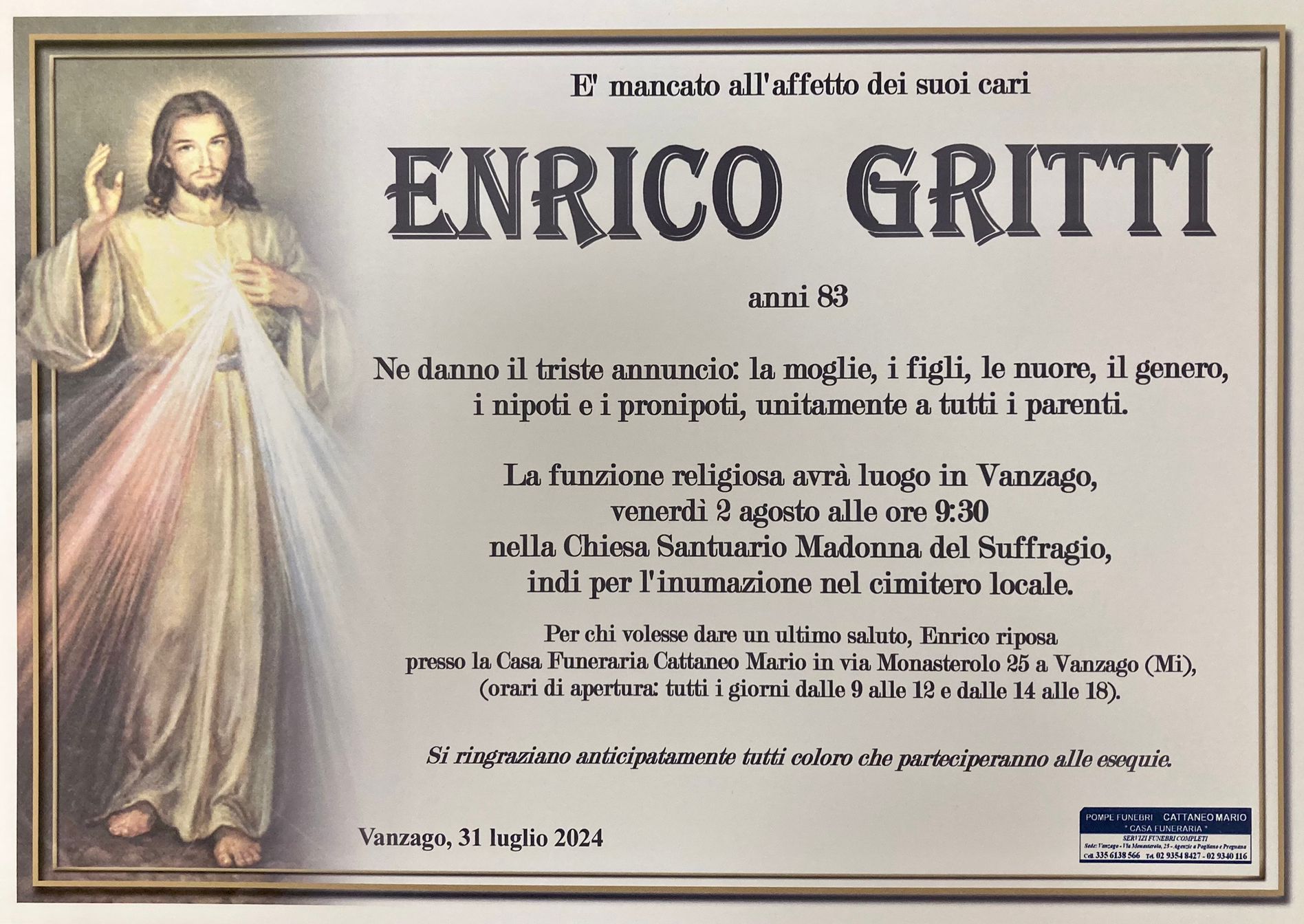 necrologio Enrico Gritti