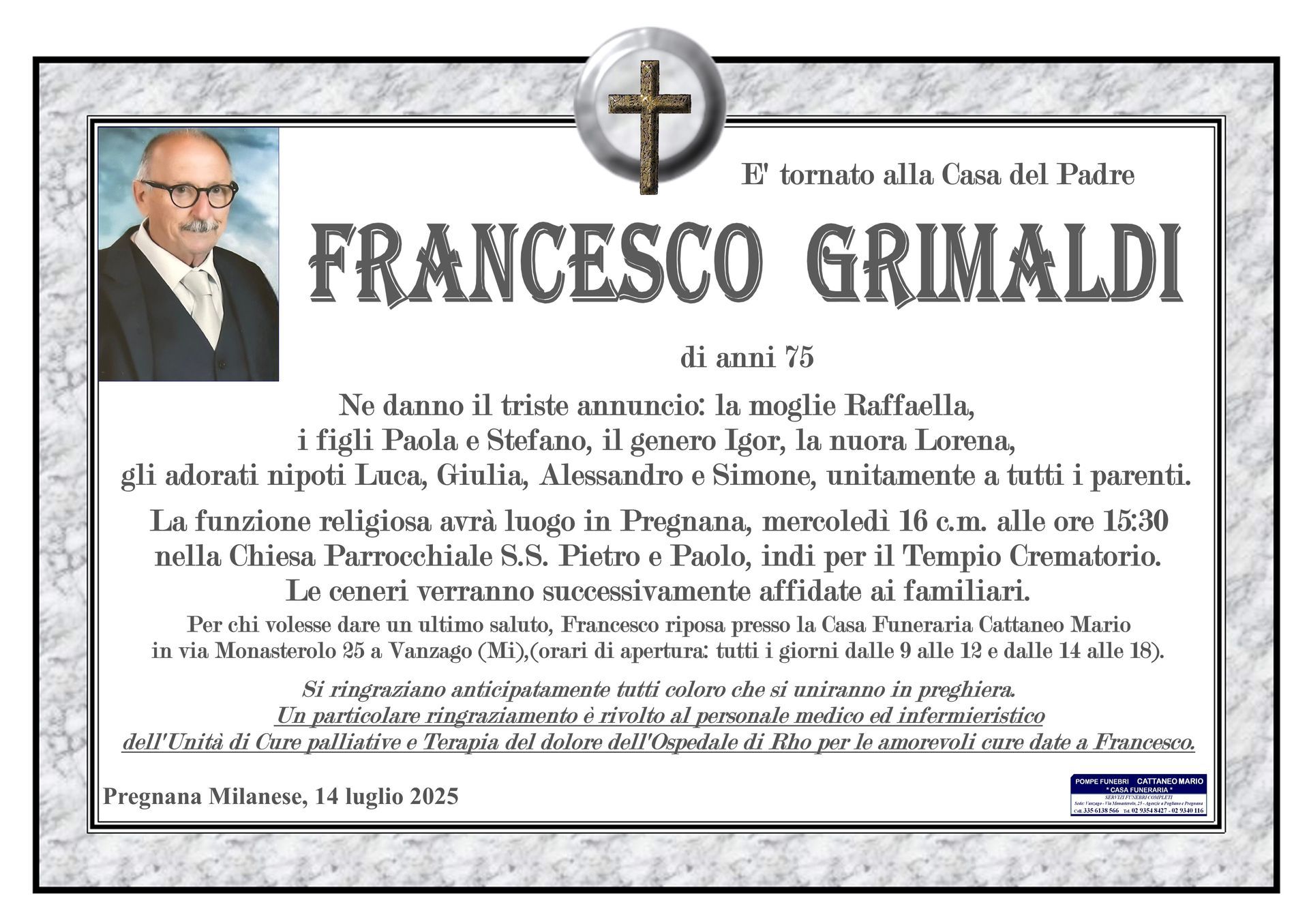 necrologio Francesco Grimaldi