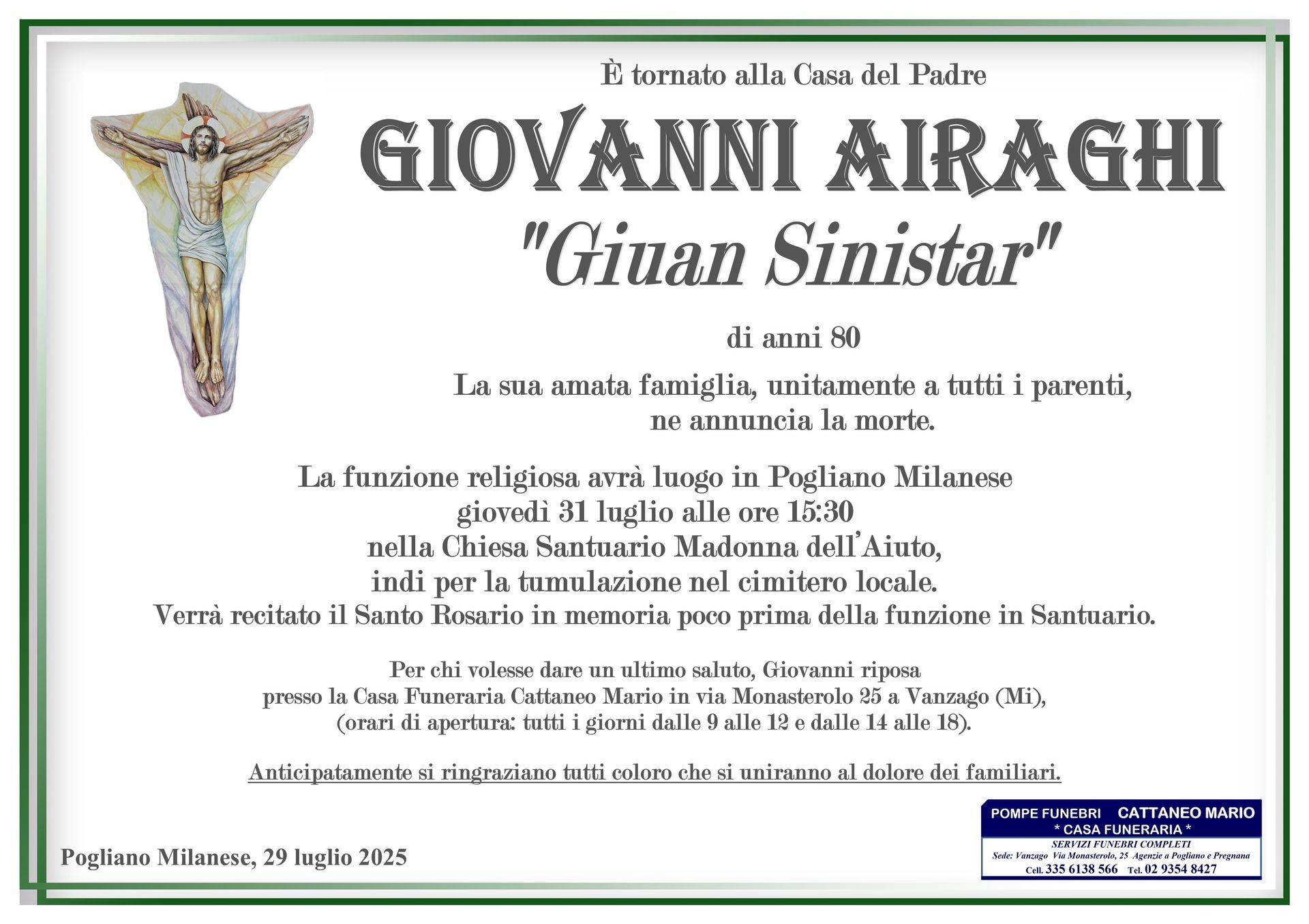 necrologio Giovanni Airaghi