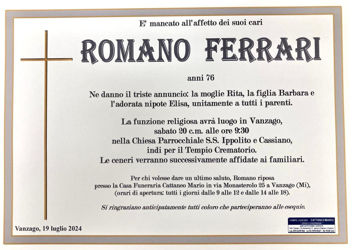 necrologio Romano Ferrari