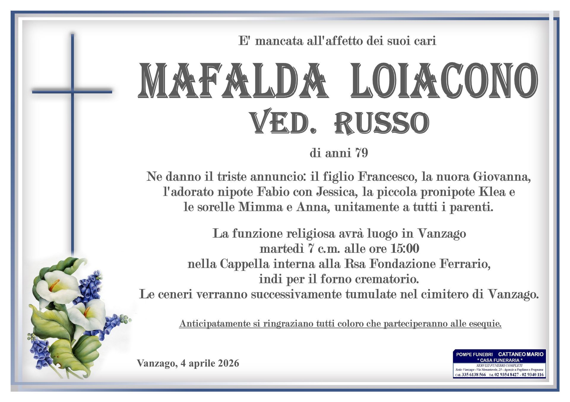 necrologio Mafalda Loiacono