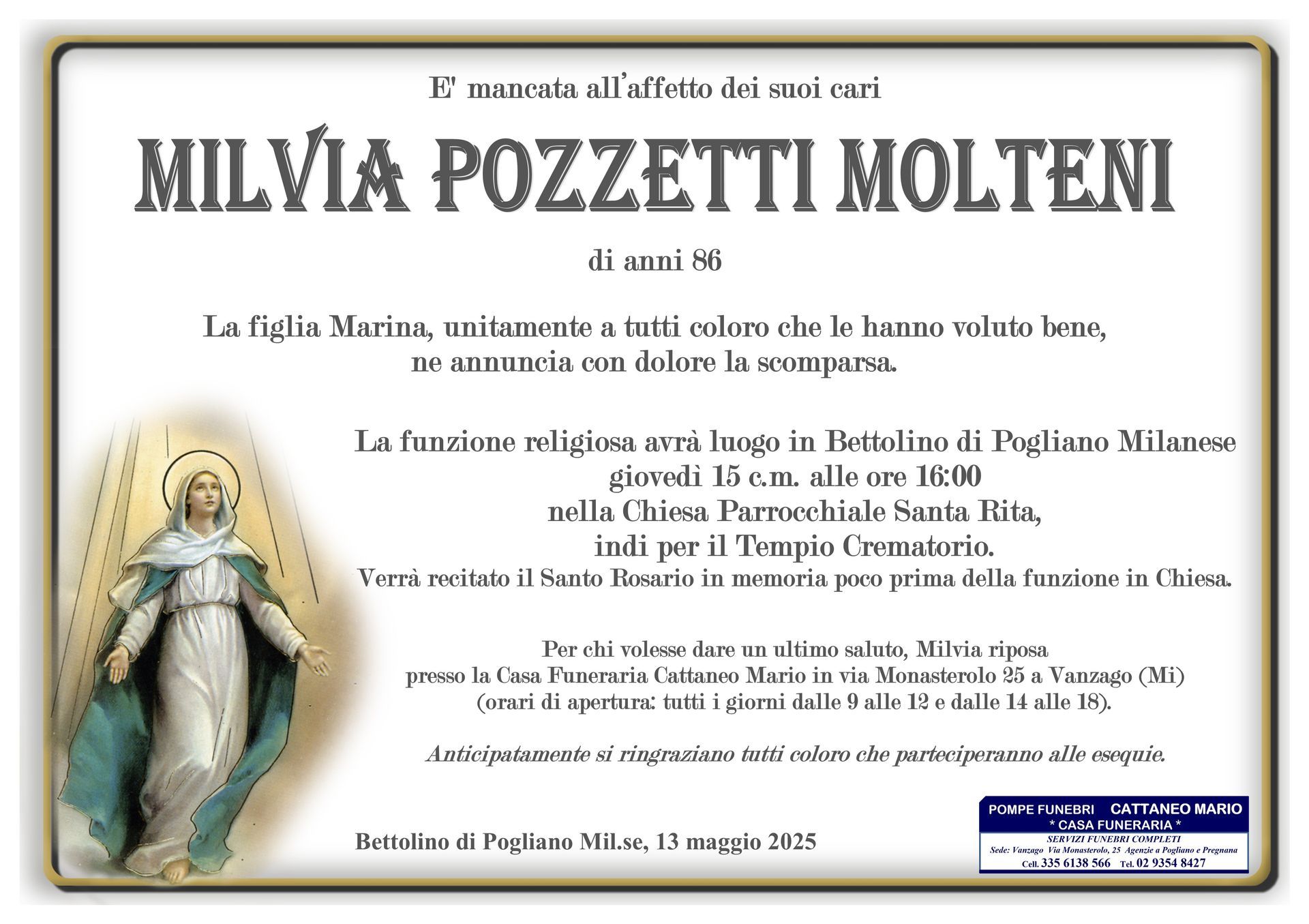 necrologio Milvia Pozzetti Molteni
