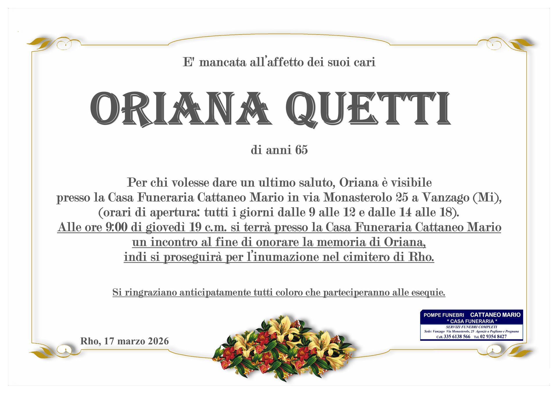 necrologio Oriana Quetti