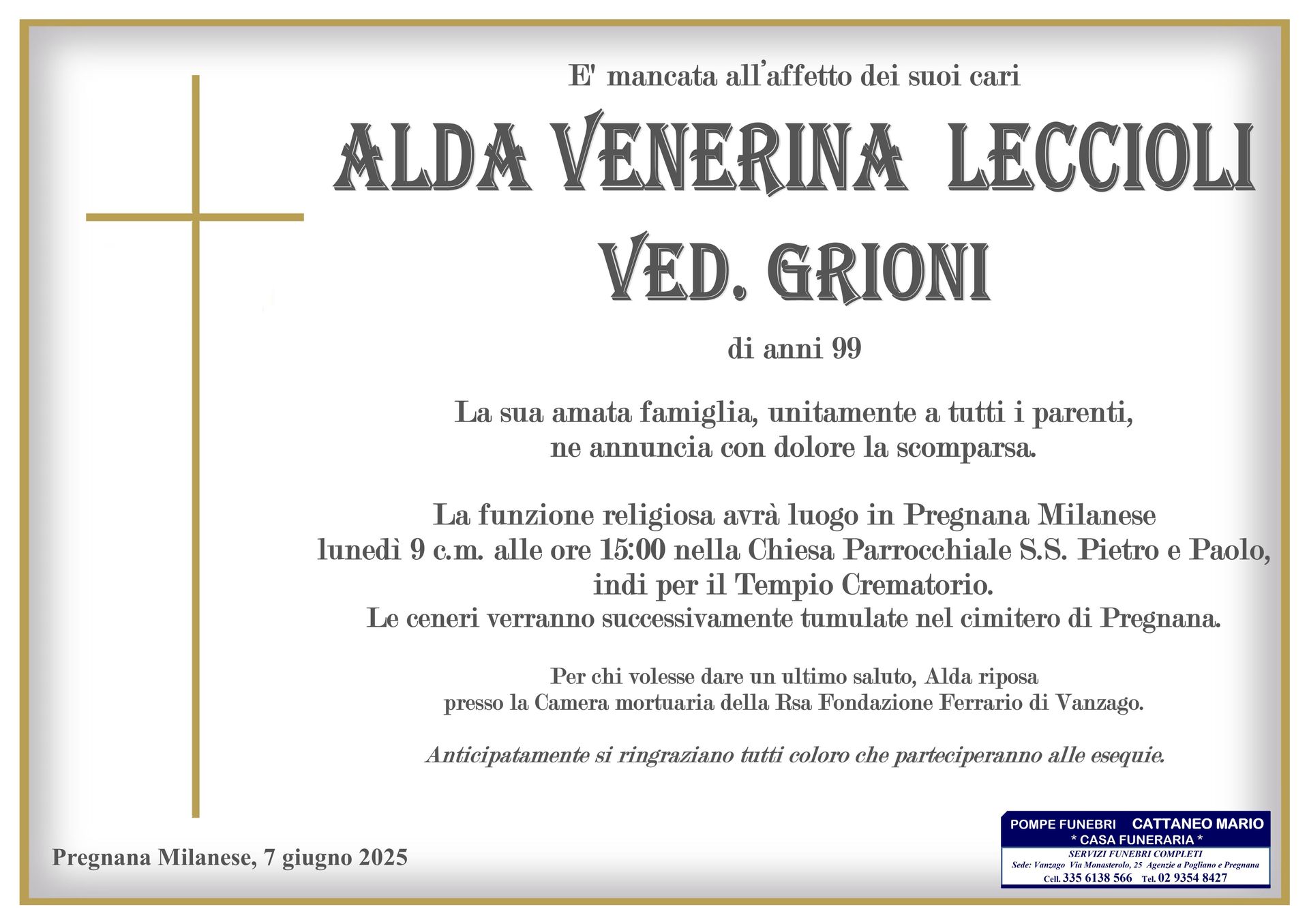 necrologio Alda Venerina Leccioli