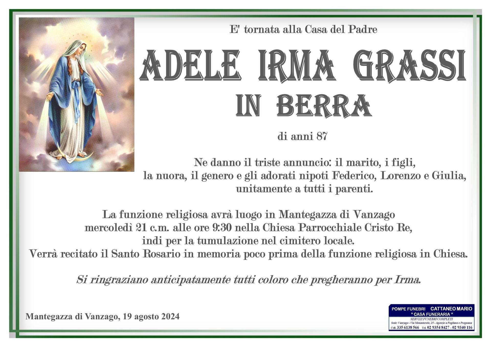 necrologio Adele Irma Grassi