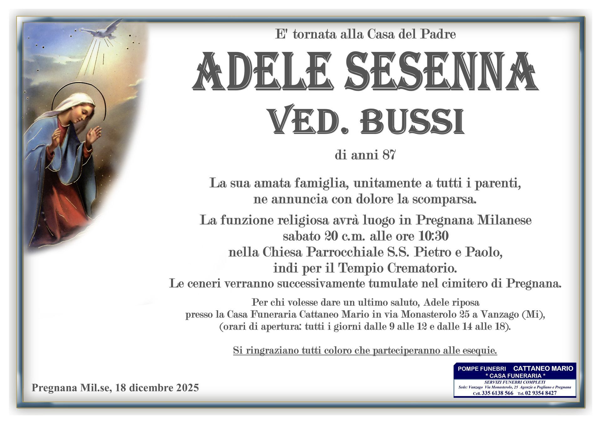 necrologio Adele Sesenna