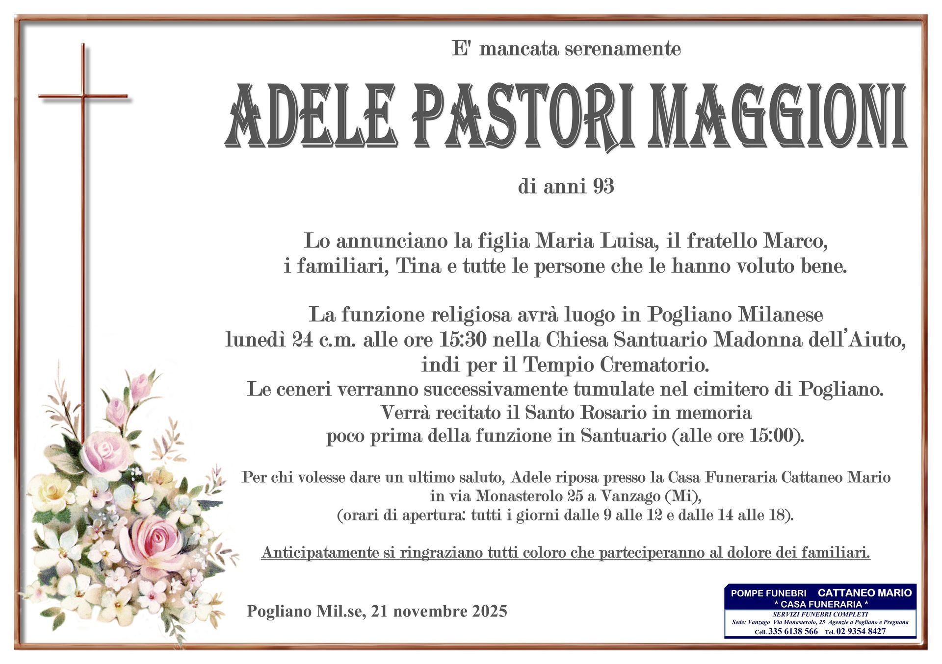 necrologio Adele Pastori Maggioni