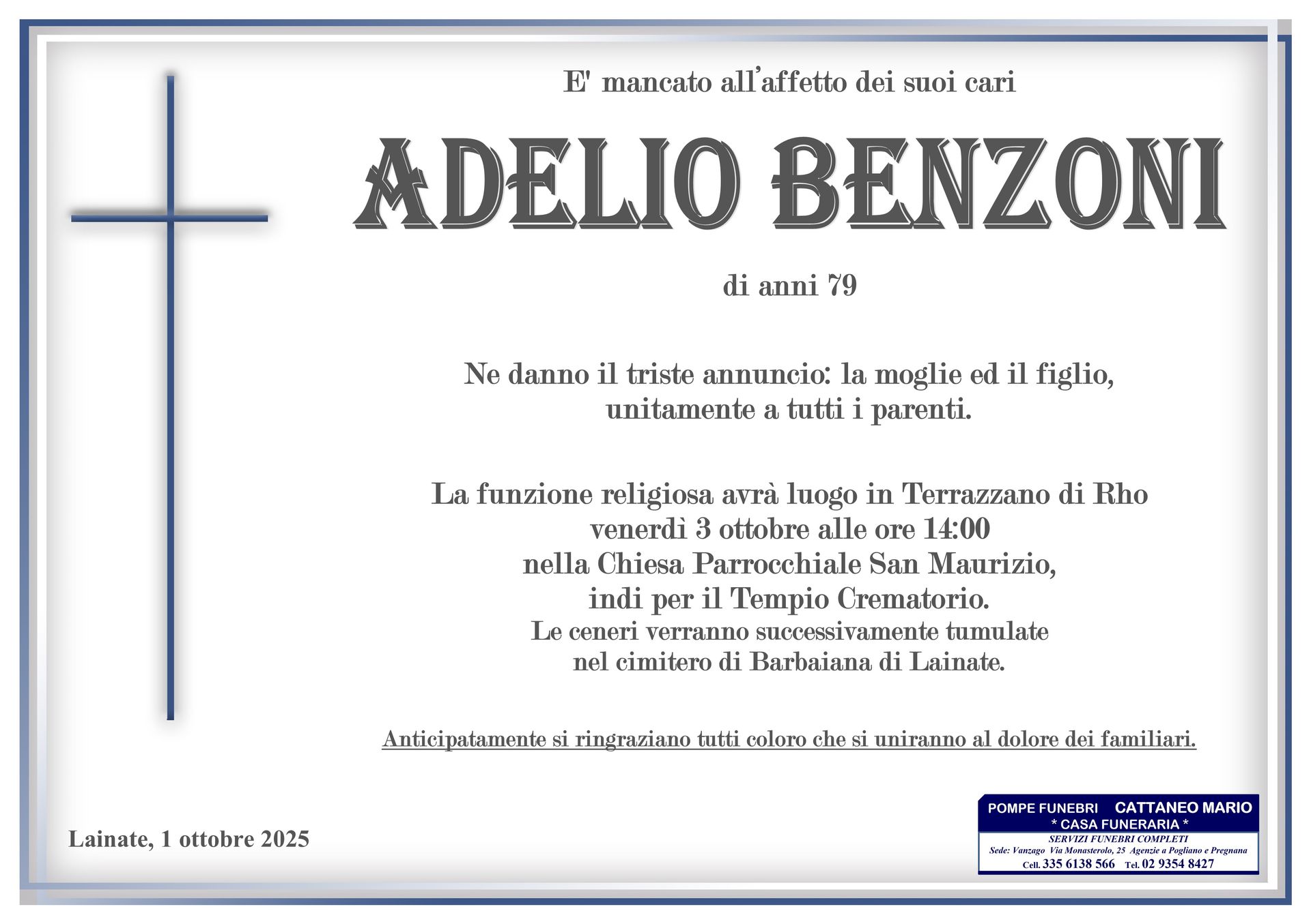 necrologio Adelio Benzoni