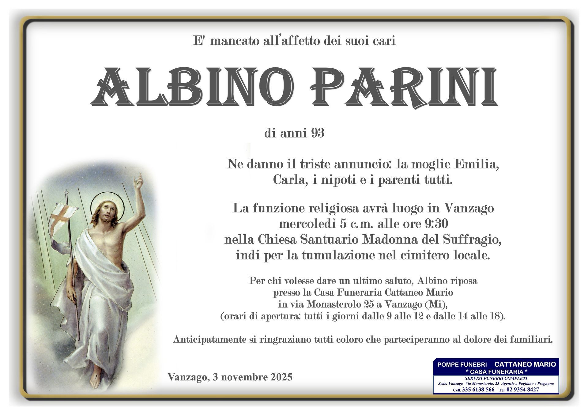 necrologio Albino Parini